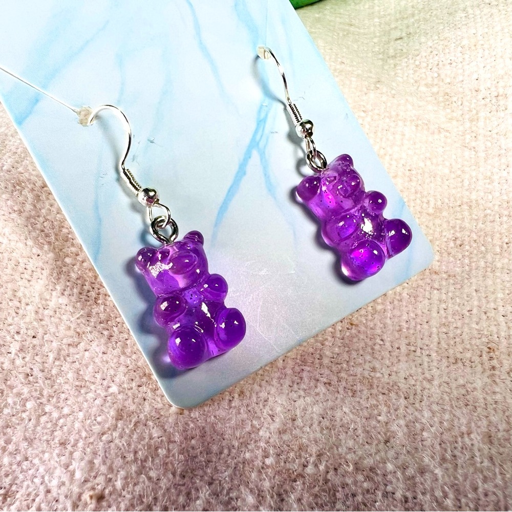 Cute Handmade Gummy Bear Earrings Gift Colourful Kawaii Sweets Purple